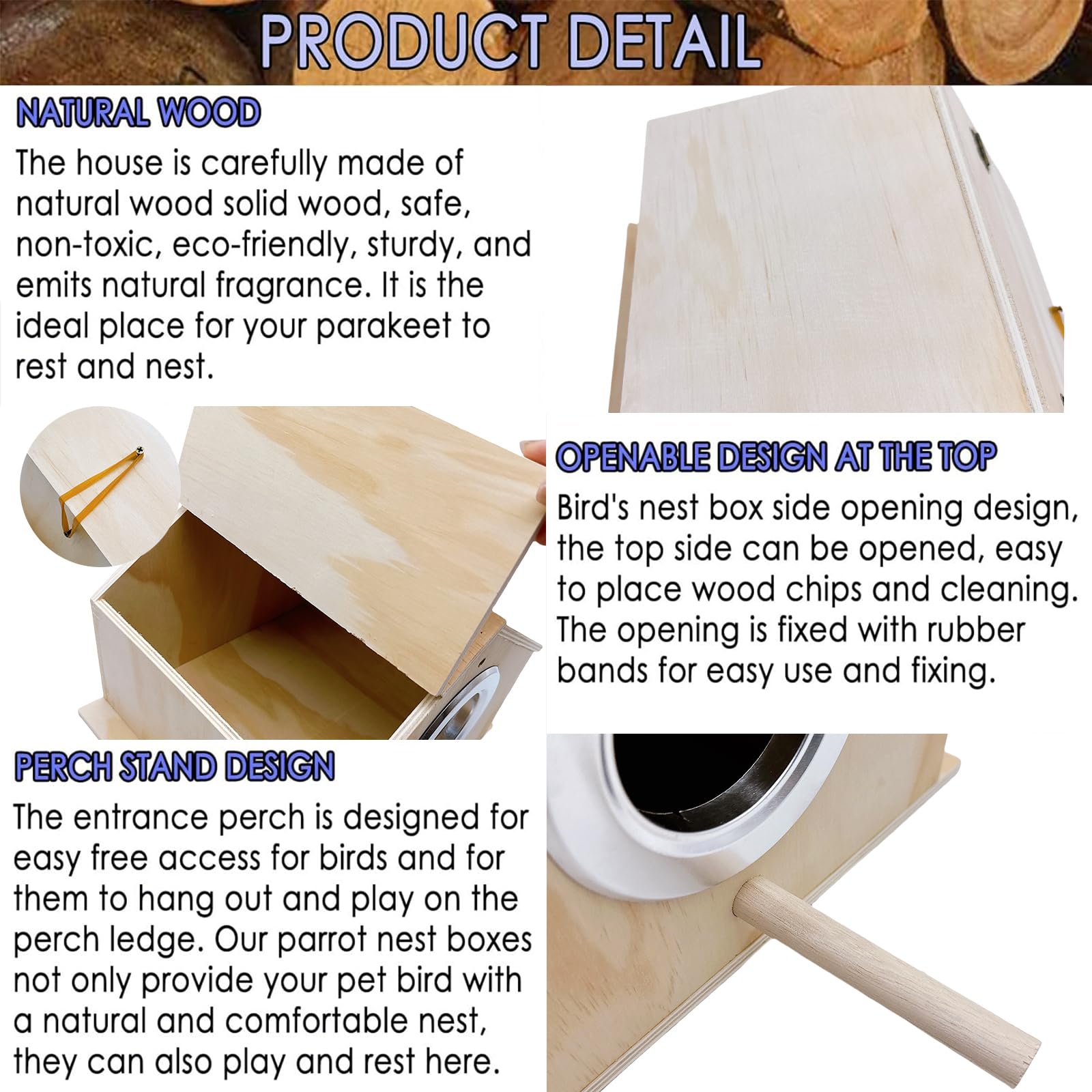 Kathson parakeet nest box side opening facilitates easy placement of wood chips and cleaning