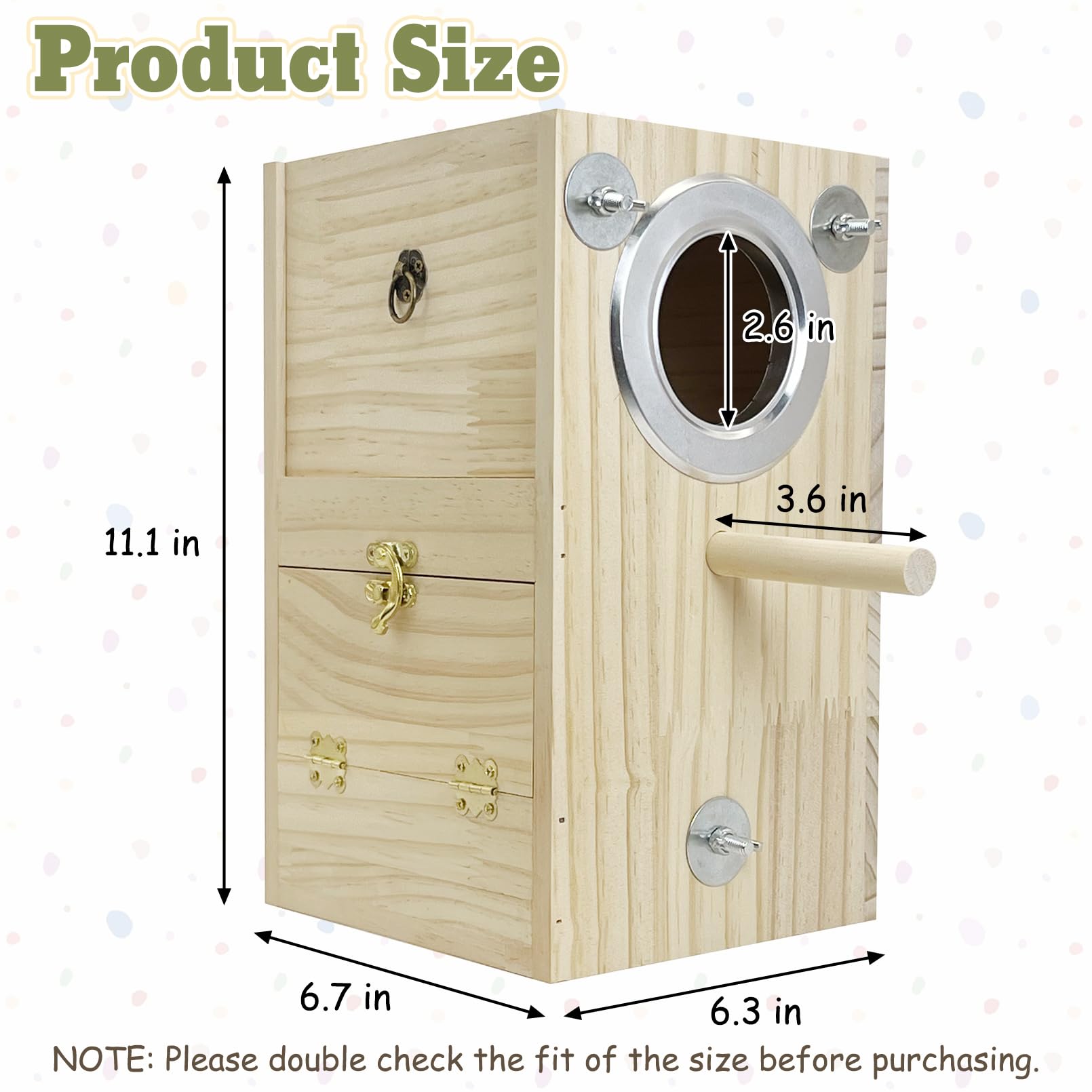 Kathson parakeet nesting box demonstrates compact size for small birds.