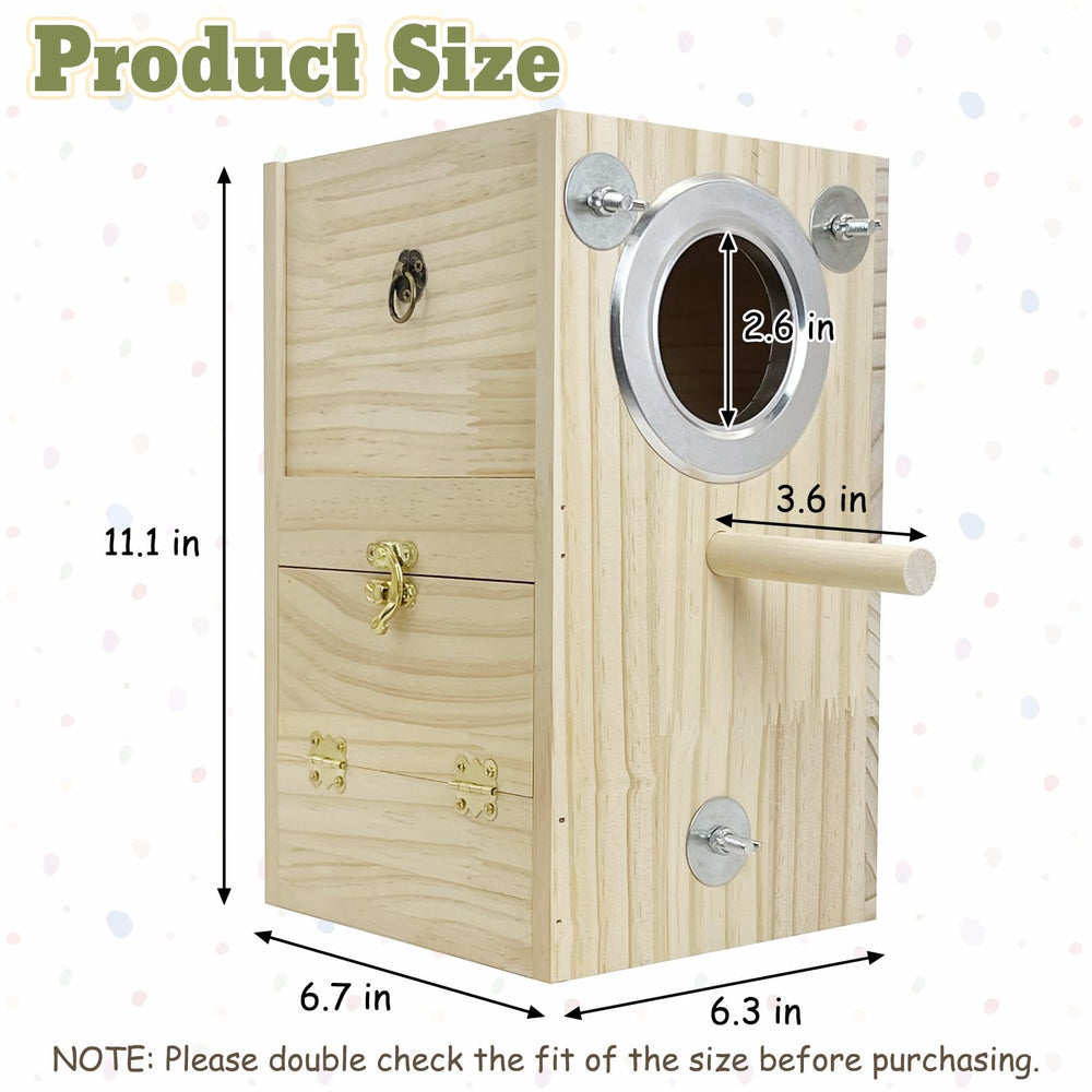 Kathson parakeet nesting box demonstrates compact size for small birds.