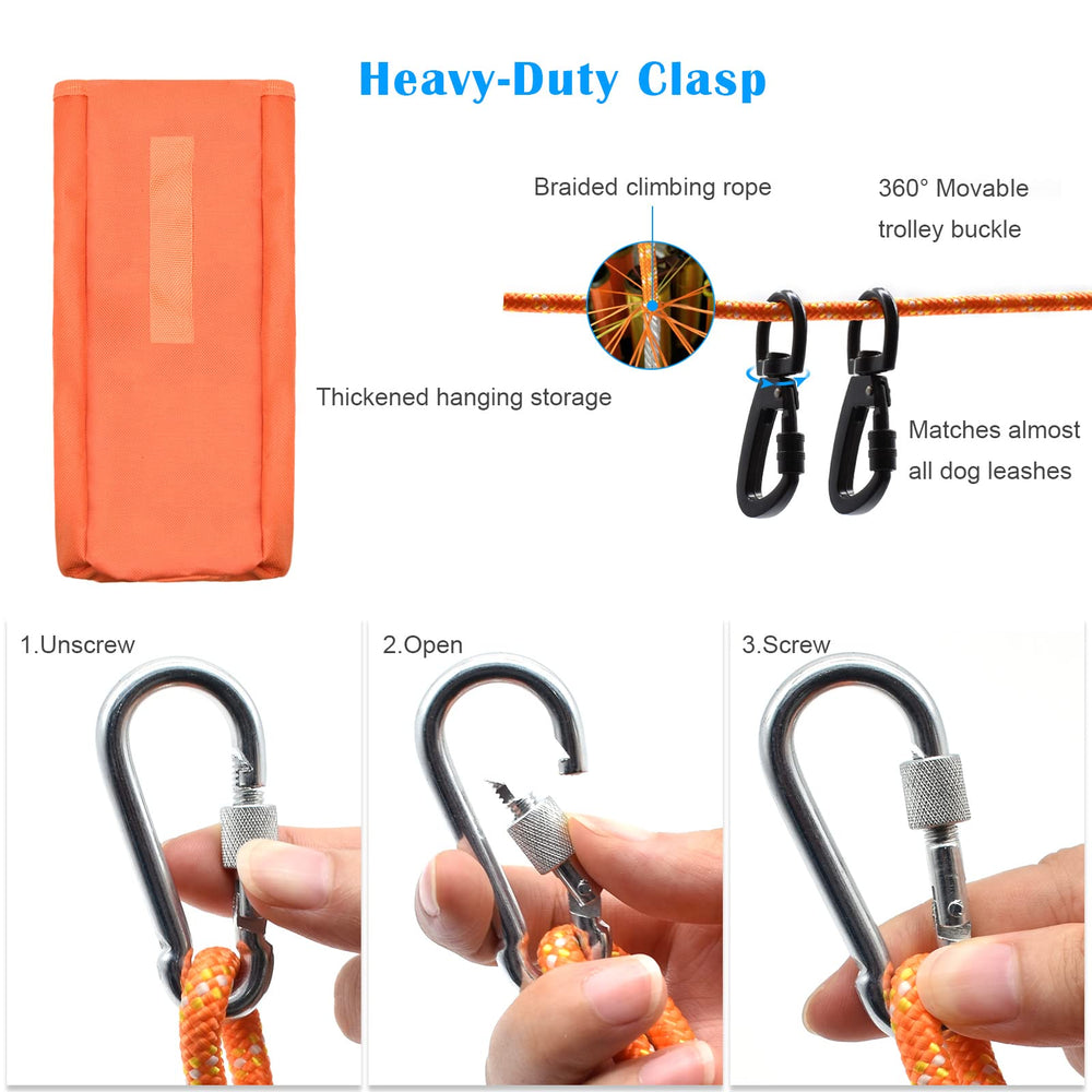 KATOLK 360° carabiners enable flexible attachment between trees for two dogs.