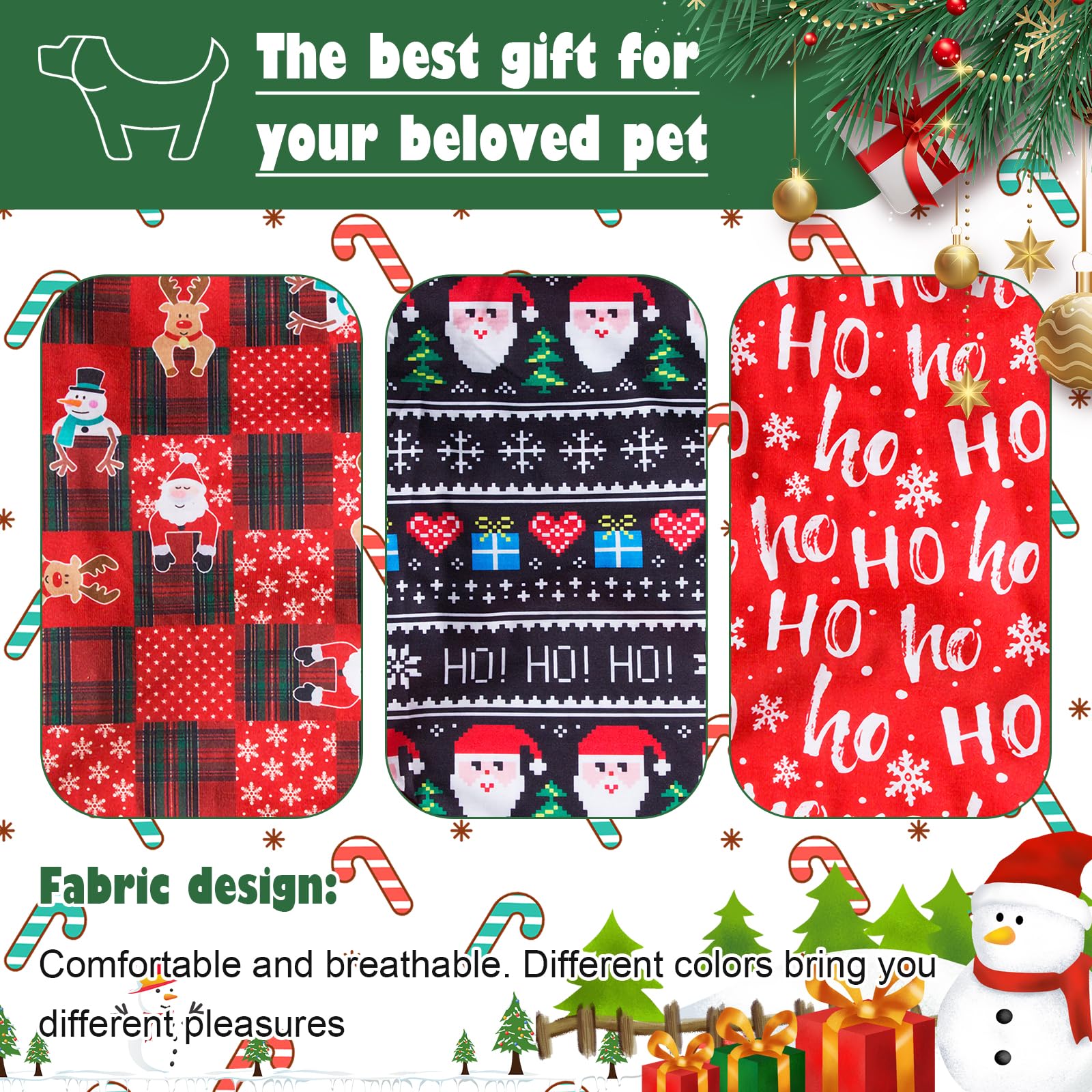 Pets wearing katolk festive prints in various colors and outfits