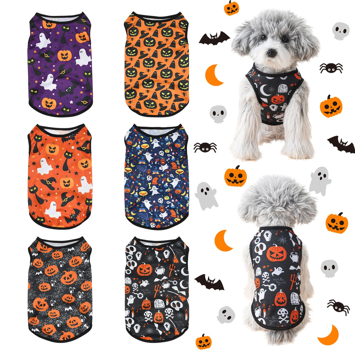 KATOLK Halloween dog clothes front view showcases six small-dog shirts for comfy, breathable wear