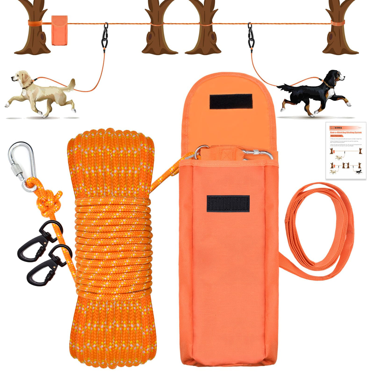 KATOLK upgraded dog tie-out cable 100ft setup for secure camping and training sessions.