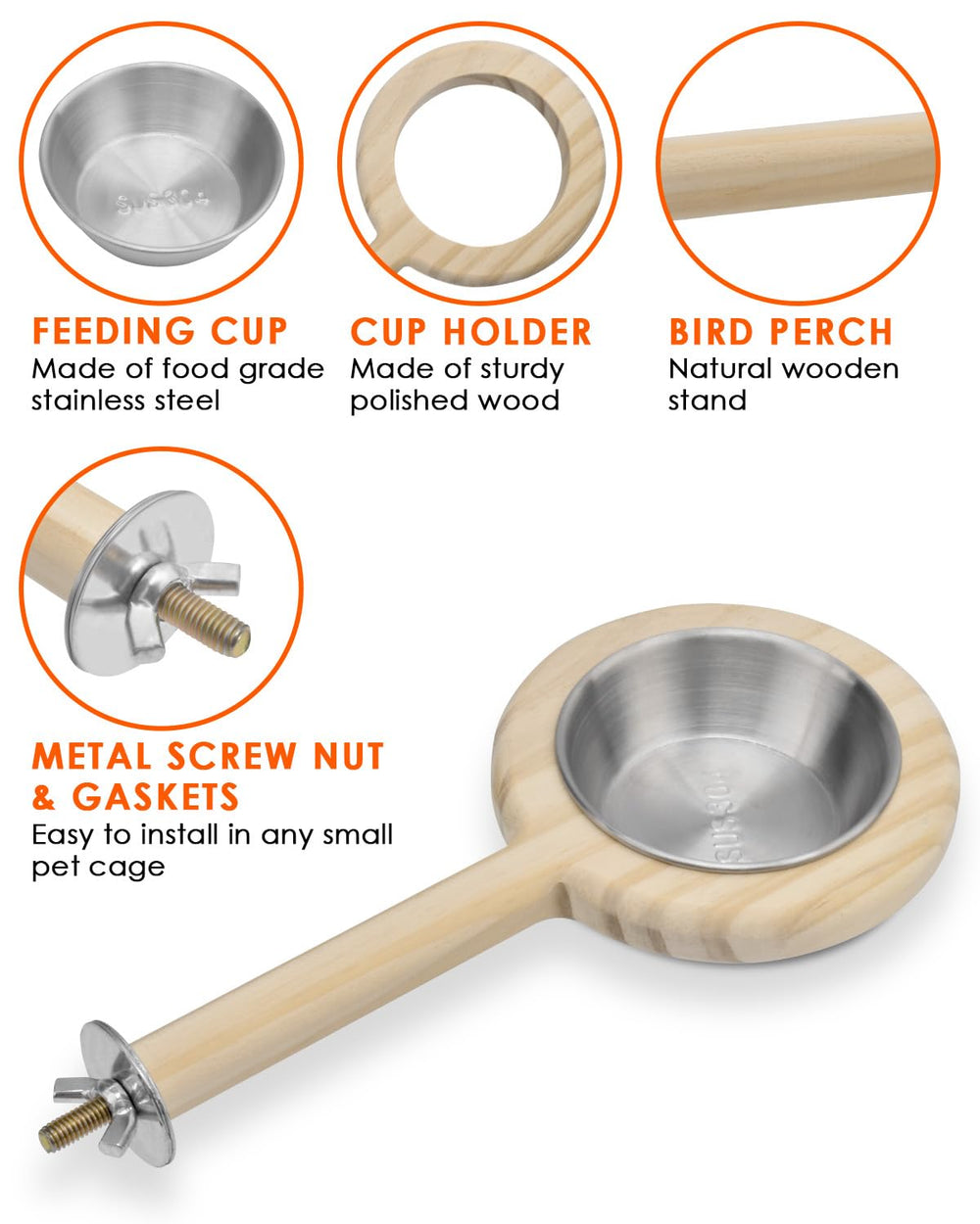 KATUMO stainless-steel feeding cup remains clean and safe for bird meals.
