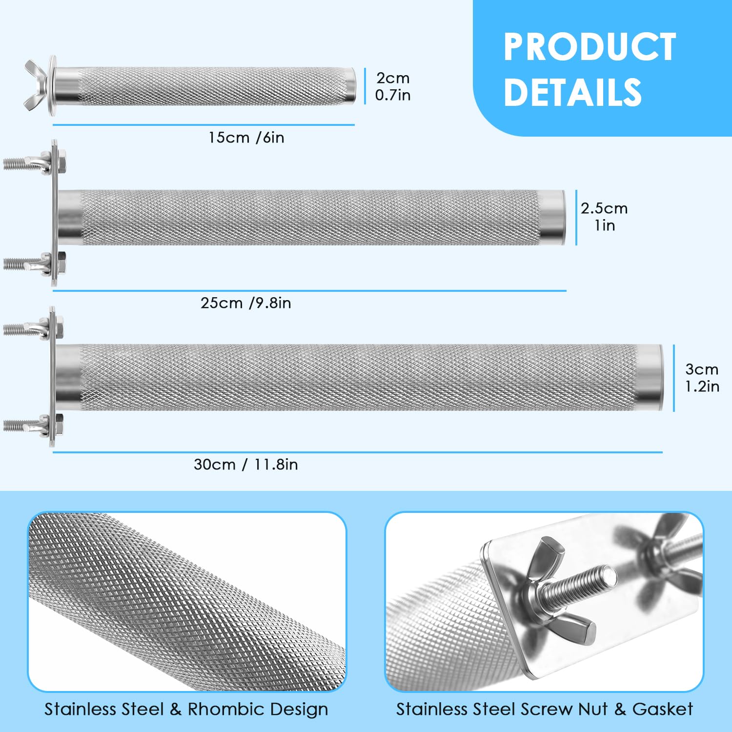 KATUMO Parrot Perch durable stainless steel construction supports active birds.