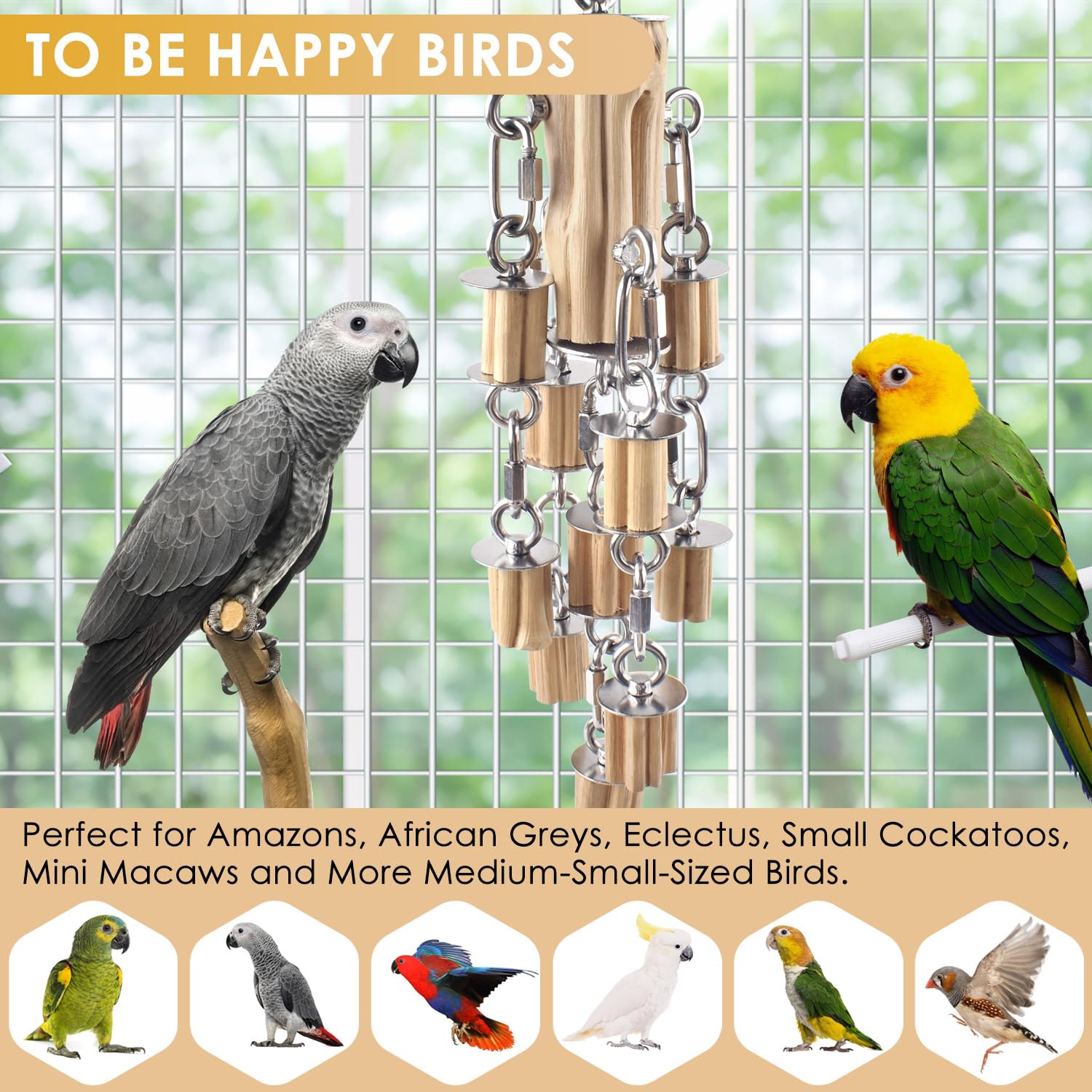 KATUMO parrot toys top-hanging setup with carabiner shown for secure installation.