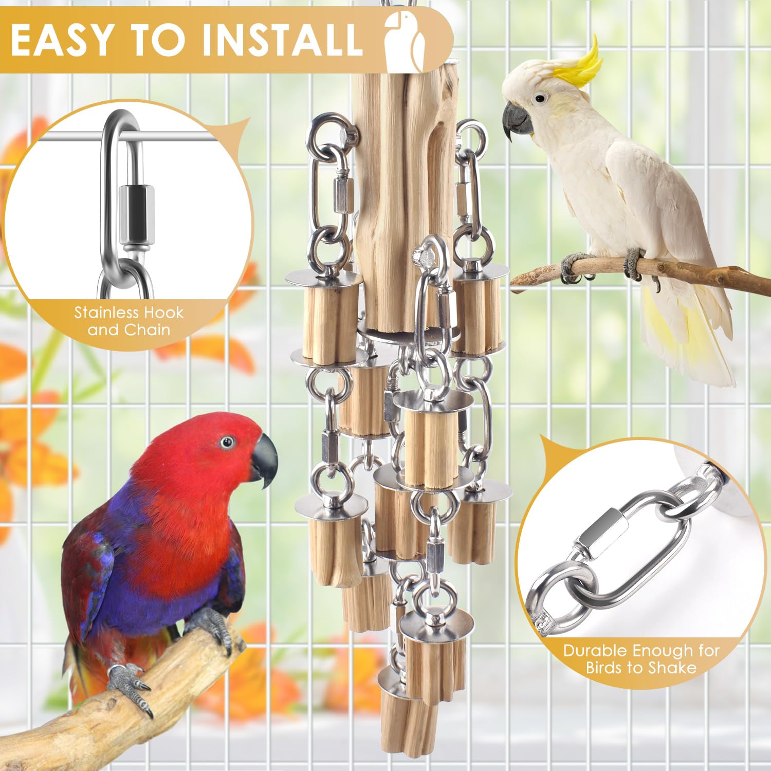 KATUMO parrot toys stainless steel chains and wood blocks provide sensory variety.