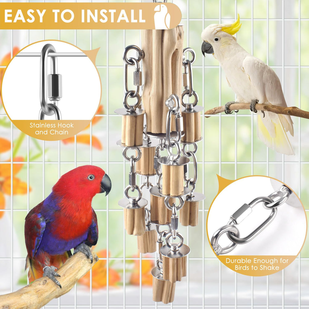KATUMO parrot toys stainless steel chains and wood blocks provide sensory variety.