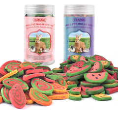 KATUMO Rabbit Chew Treats jar closeup shows natural ingredients and crunchy texture for dental care.