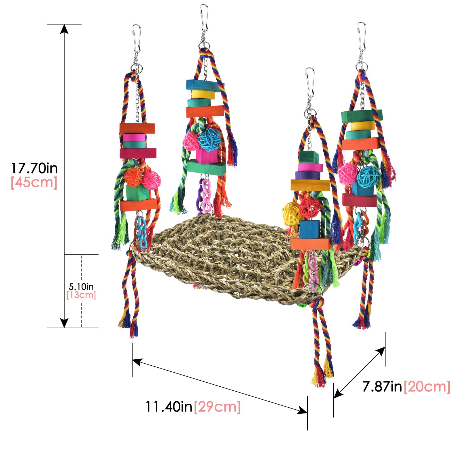 KATUMO seagrass hammock close-up shows colorful chew toys for nibbling play