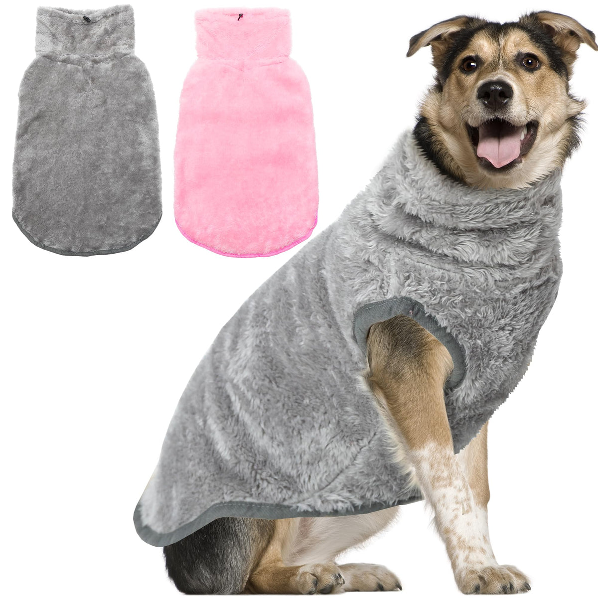 KAYCOWZA dog jacket two-pack provides plush fleece warmth for winter walks.