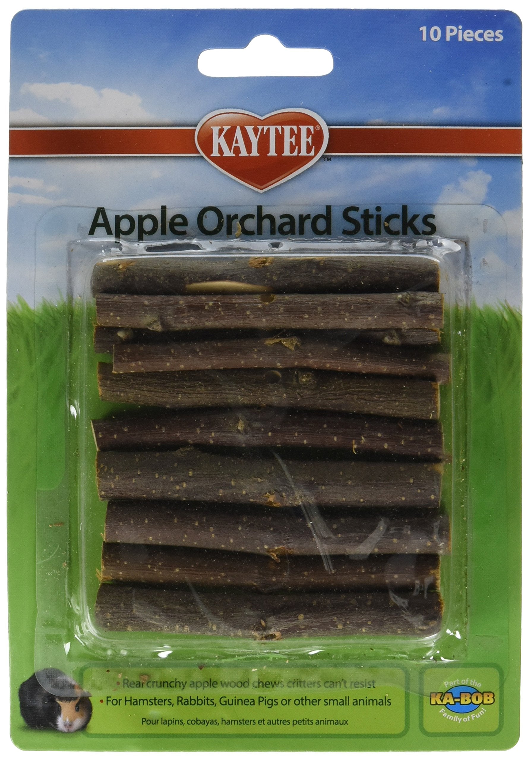 Kaytee Apple Orchard Sticks 5-pack packaging provides enrichment and bite-sized chewing.