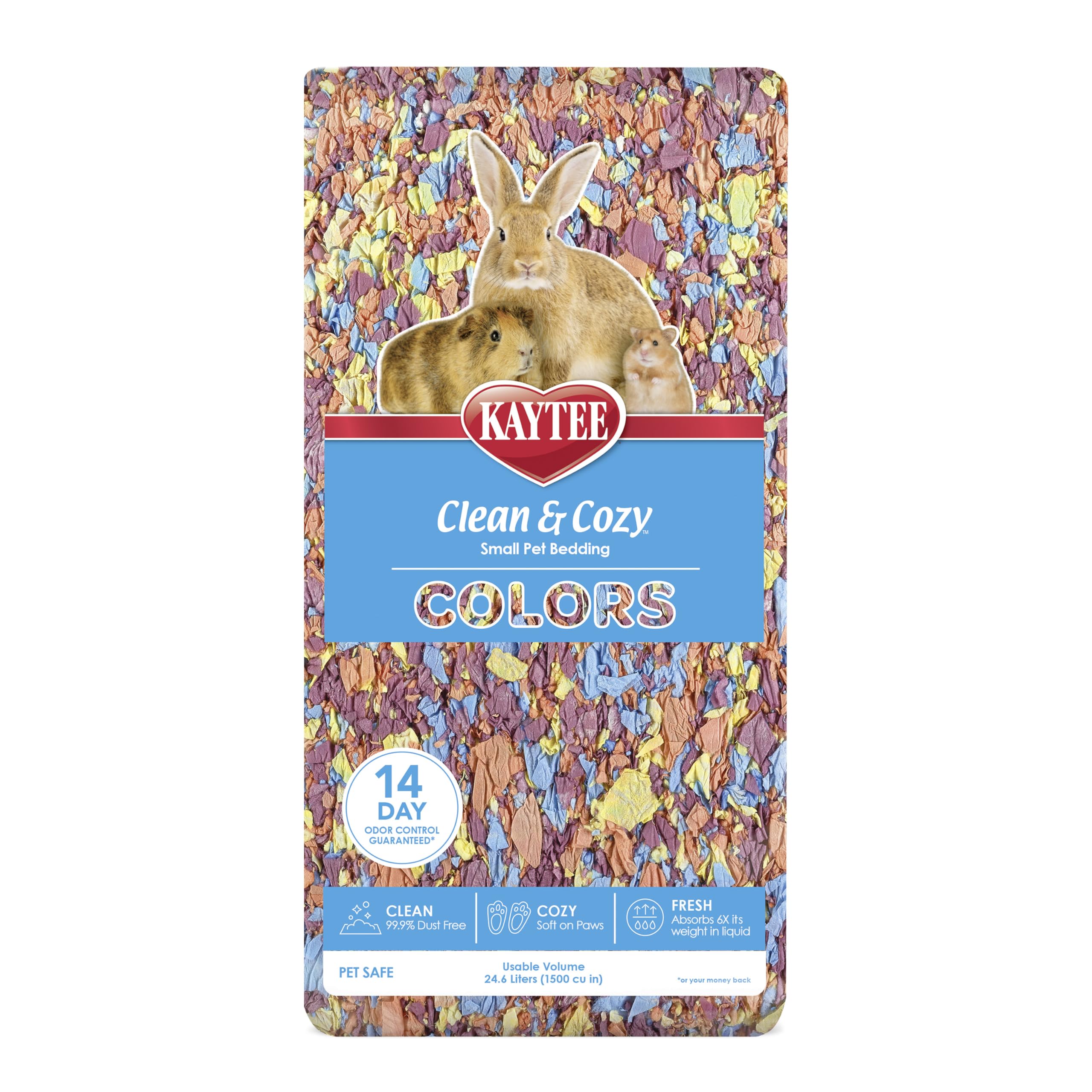 Kaytee Clean & Cozy Colors Kaleidoscope packaging showcasing colorful bedding.
