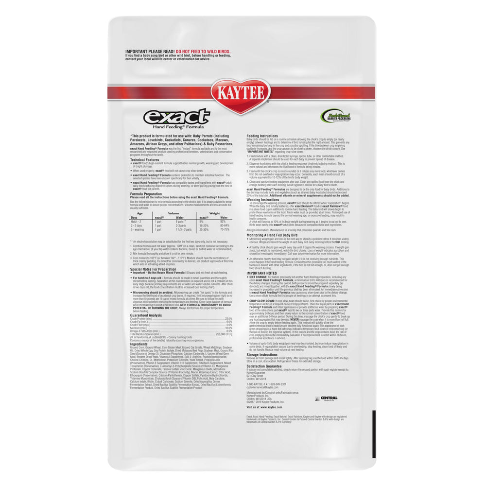 Kaytee Exact Hand Feeding used by breeders during weaning for steady growth.