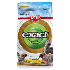 Kaytee Exact Hand Feeding High Fat Formula packaging highlights balanced nutrition for growing chicks.