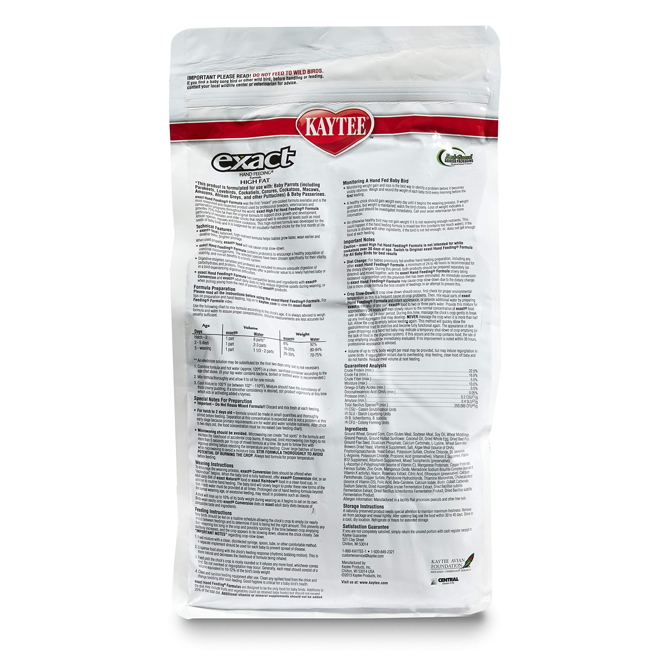 Kaytee Exact Hand Feeding High Fat Formula prepared mix ready for feeding supports digestion and growth.