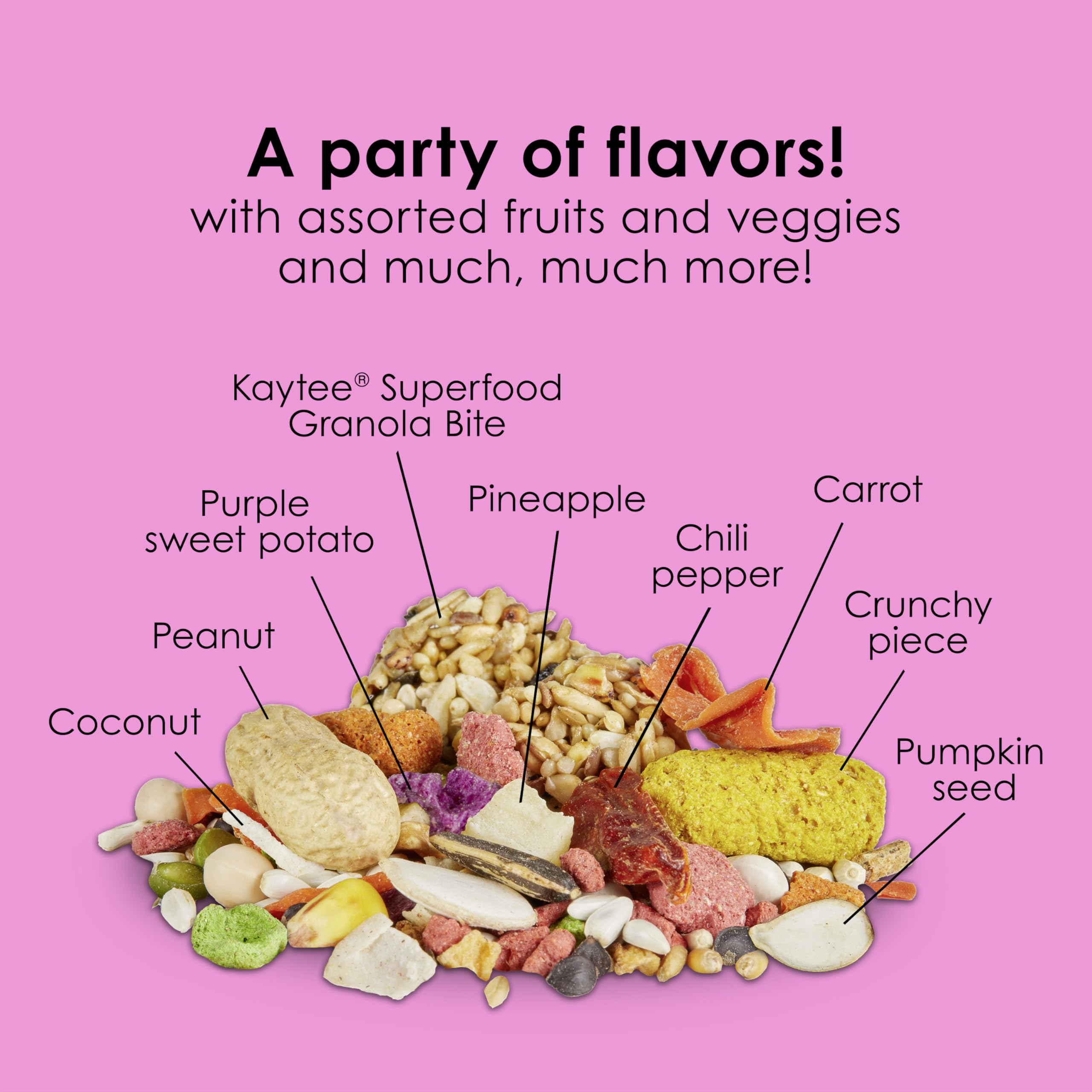 Kaytee Fiesta Big Bites promotes brain and heart health for active birds.