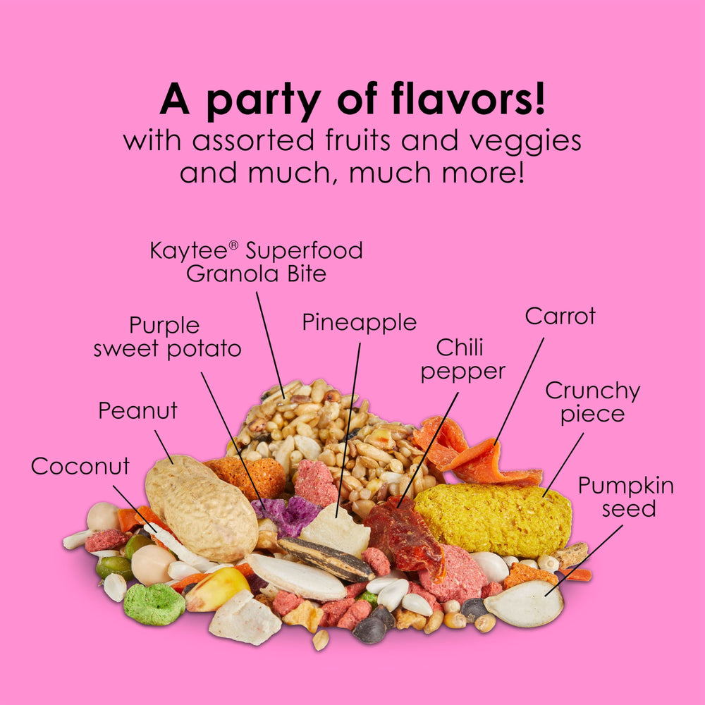 Kaytee Fiesta Big Bites promotes brain and heart health for active birds.