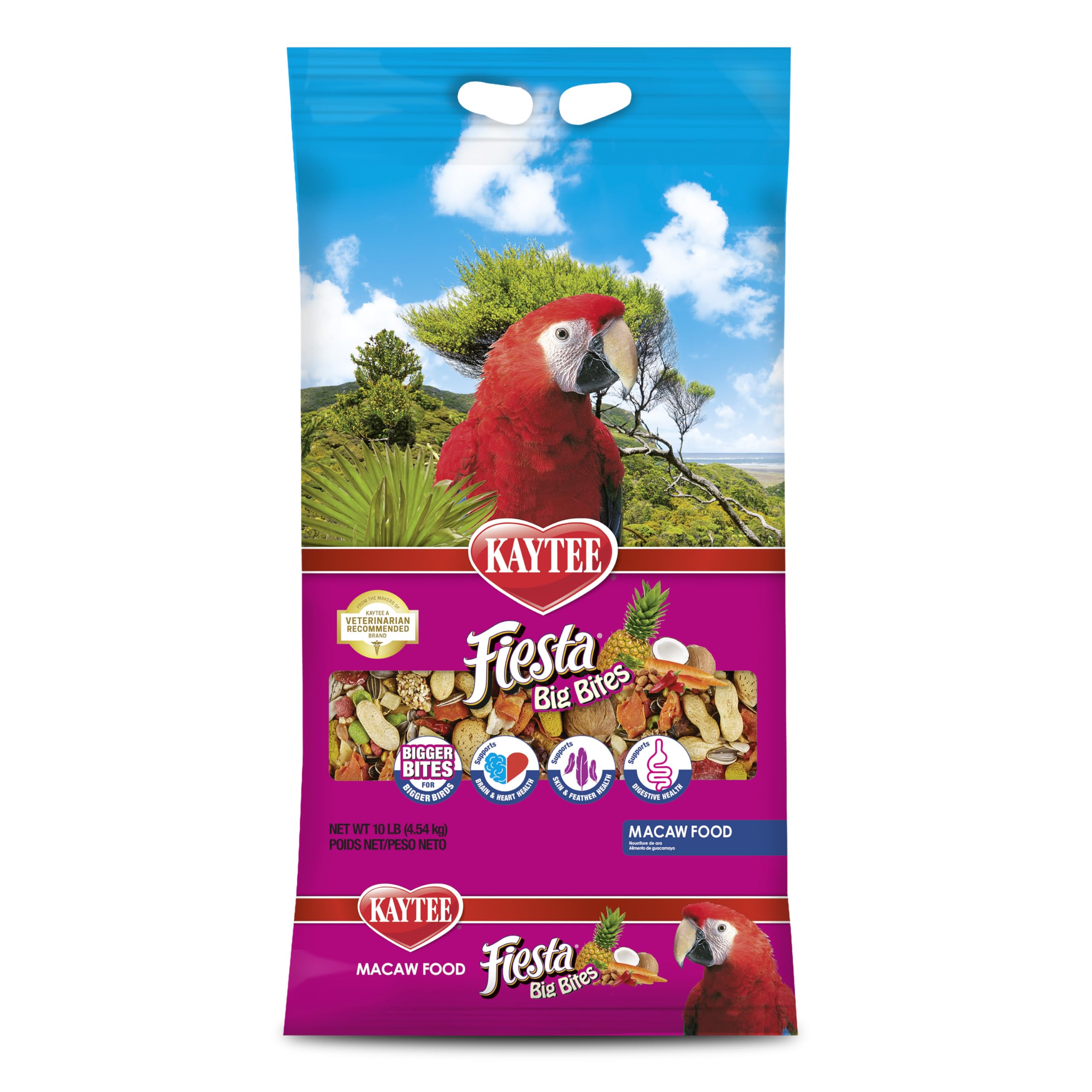 Kaytee Fiesta Big Bites macaw food bag closeup shows premium ingredients for foraging