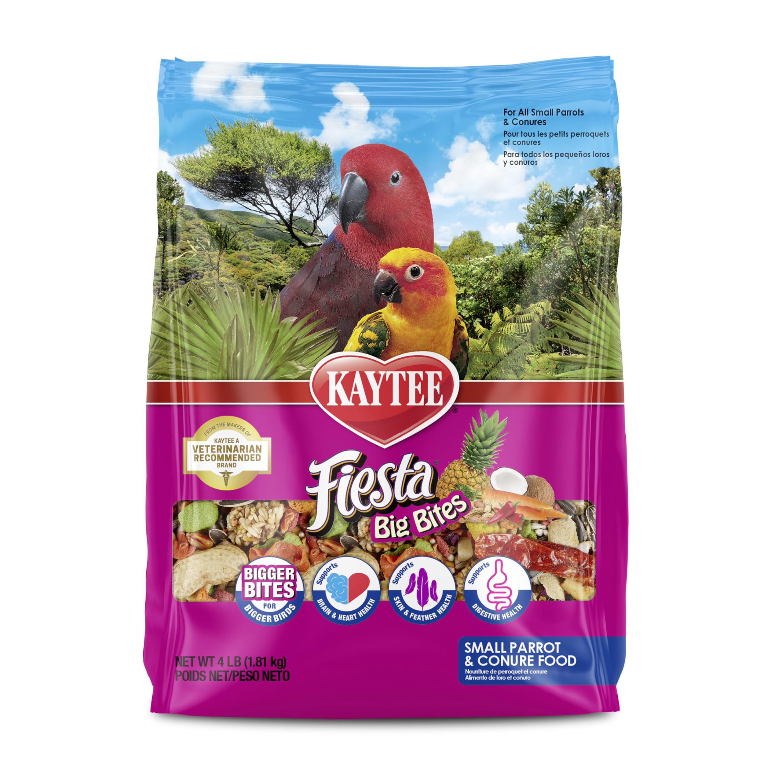 Kaytee Fiesta Big Bites parrot food in serving bowl foraging fun and enrichment.
