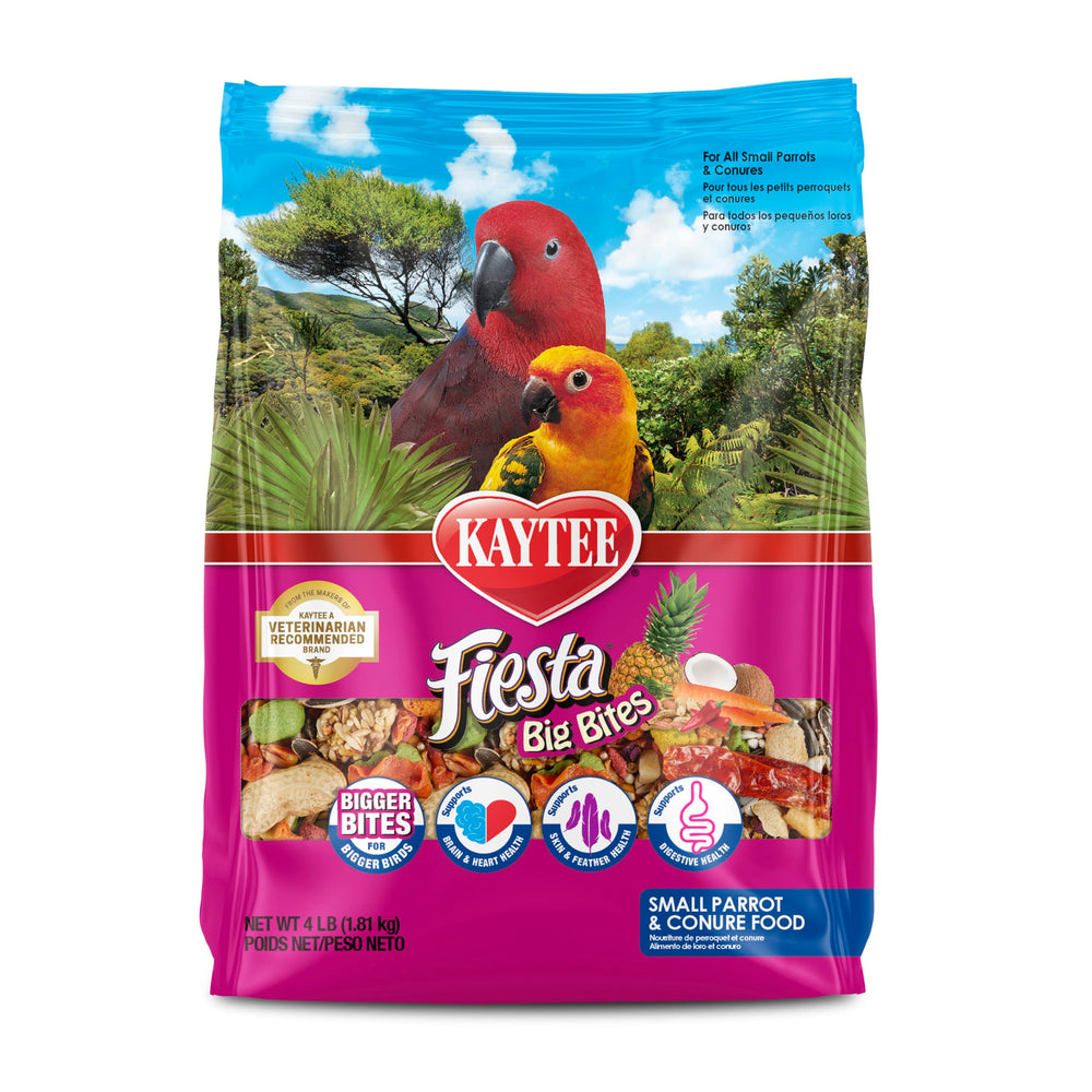 Kaytee Fiesta Big Bites parrot food in serving bowl foraging fun and enrichment.
