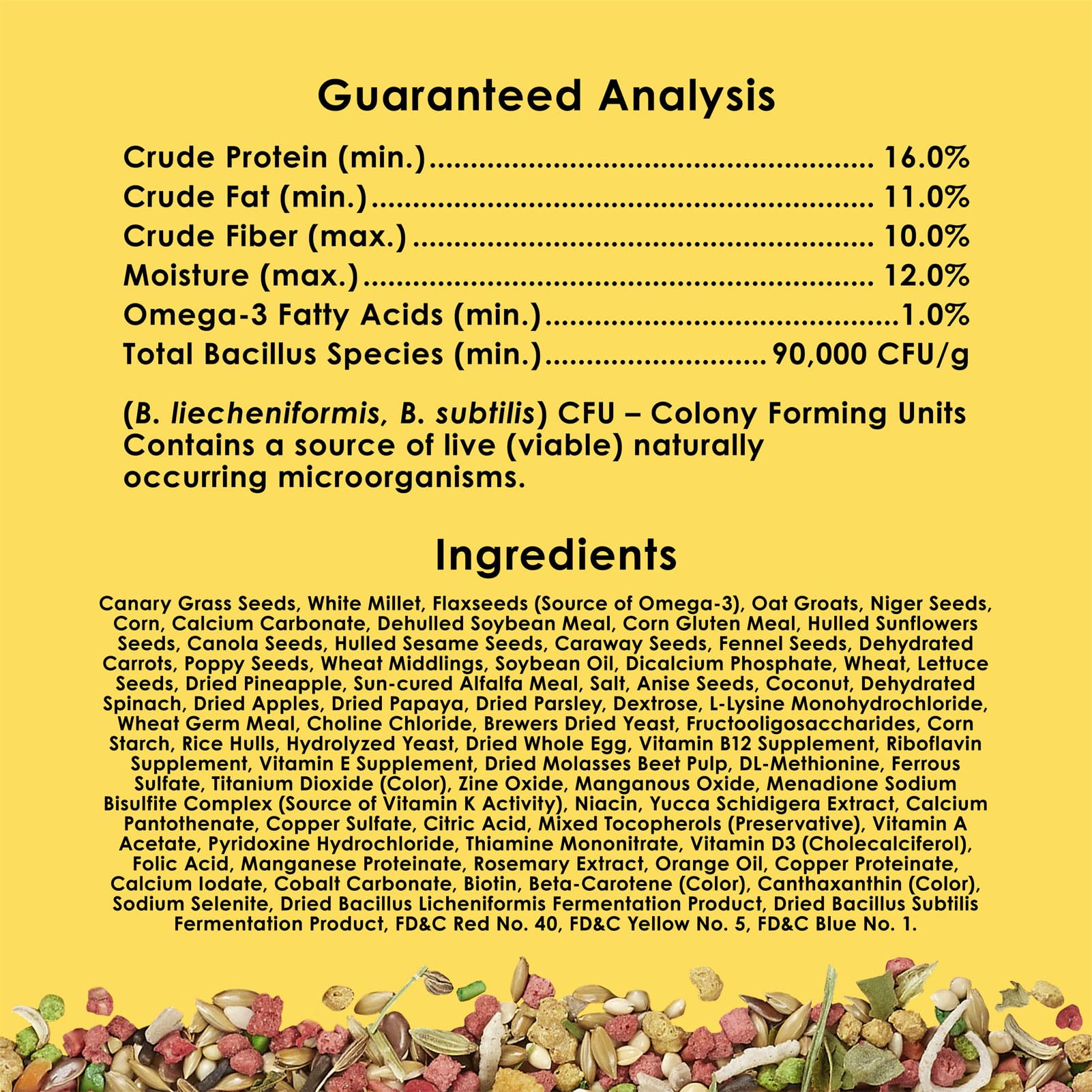 Kaytee Fiesta Max canary/finch 2lb label back informs ingredient details.