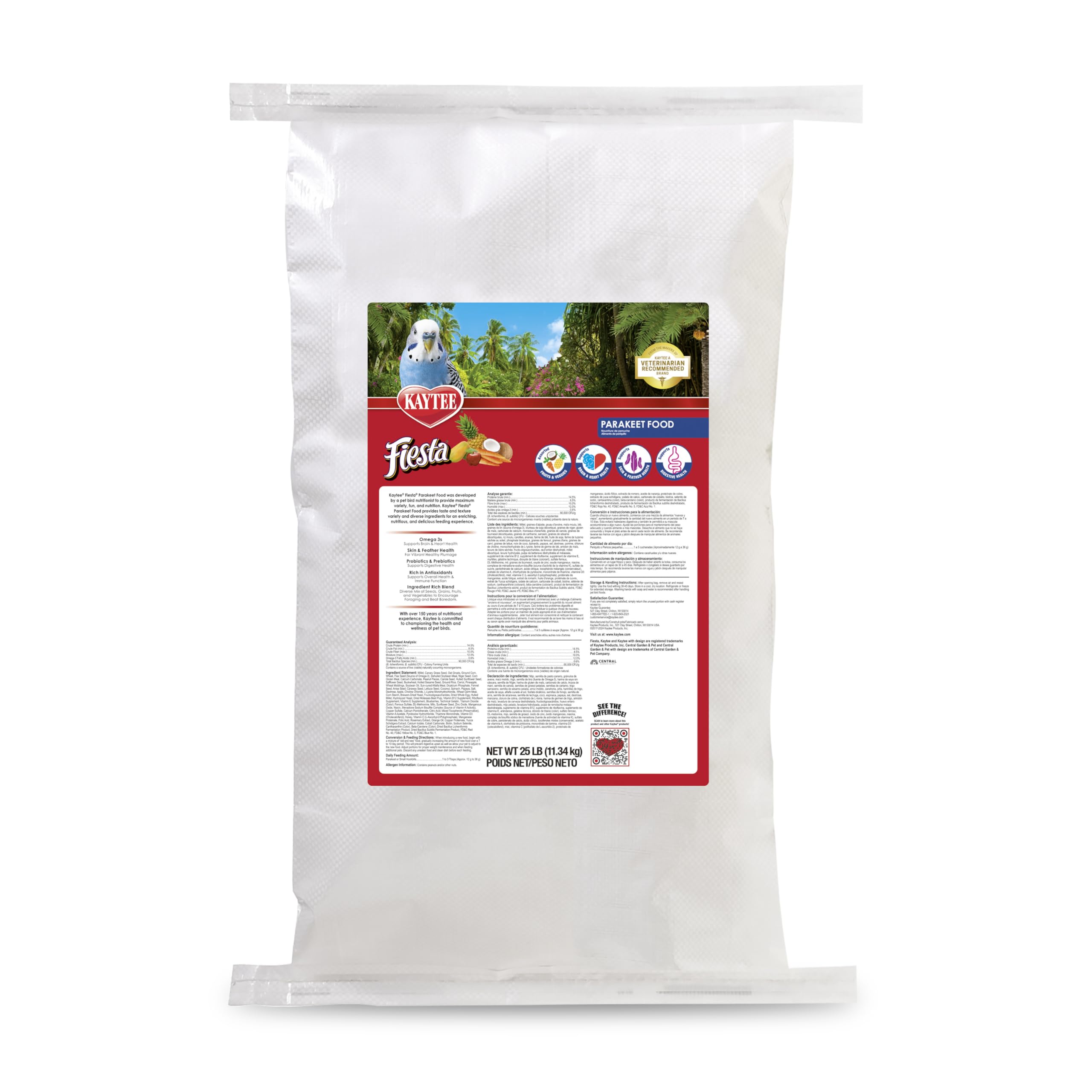 Kaytee Fiesta parakeet food bag label showcases premium ingredients for vibrant plumage.