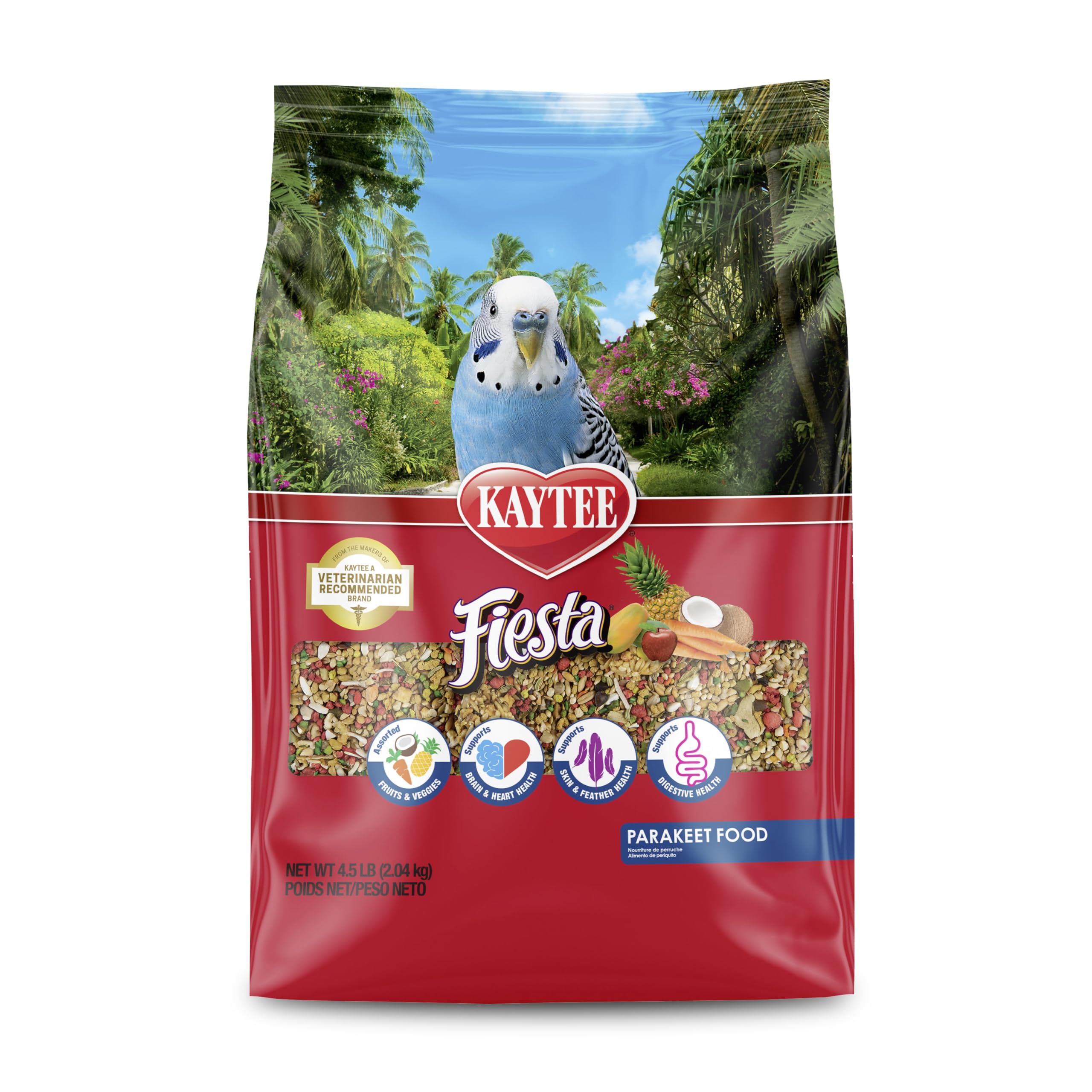 Kaytee Fiesta parakeet-food ingredient bowl with varied shapes encouraging foraging.