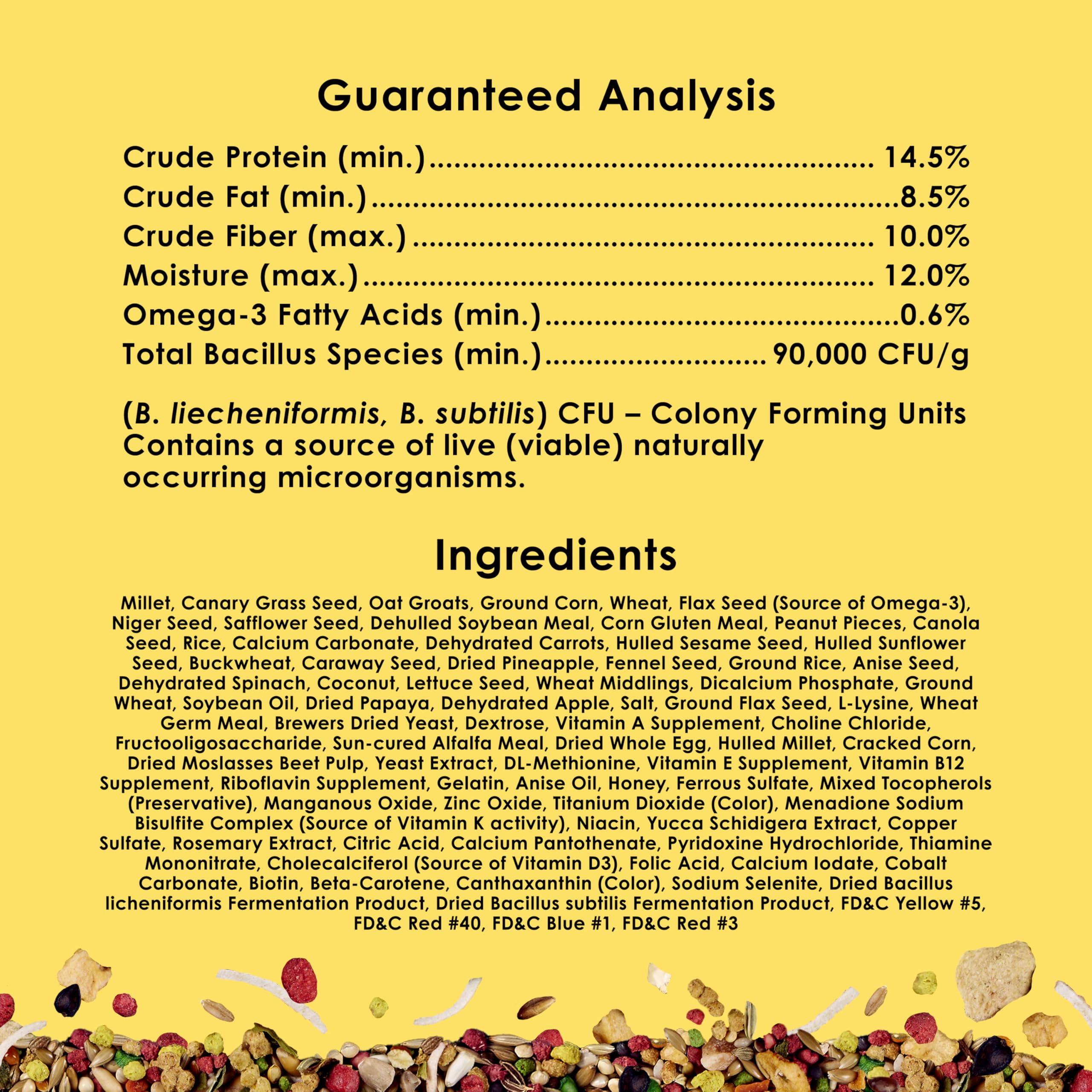 Kaytee Fiesta parakeet food ingredients closeup emphasizes fruits, nuts and grains.