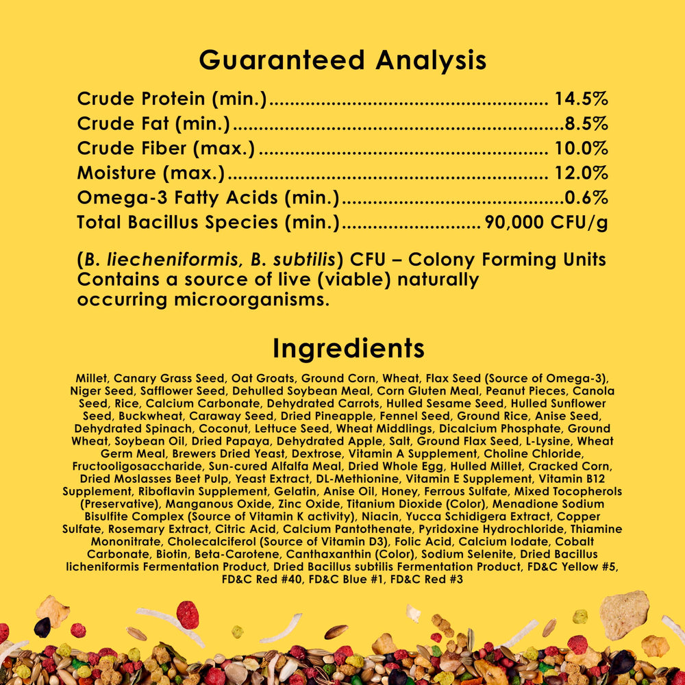Kaytee Fiesta parakeet food ingredients closeup emphasizes fruits, nuts and grains.