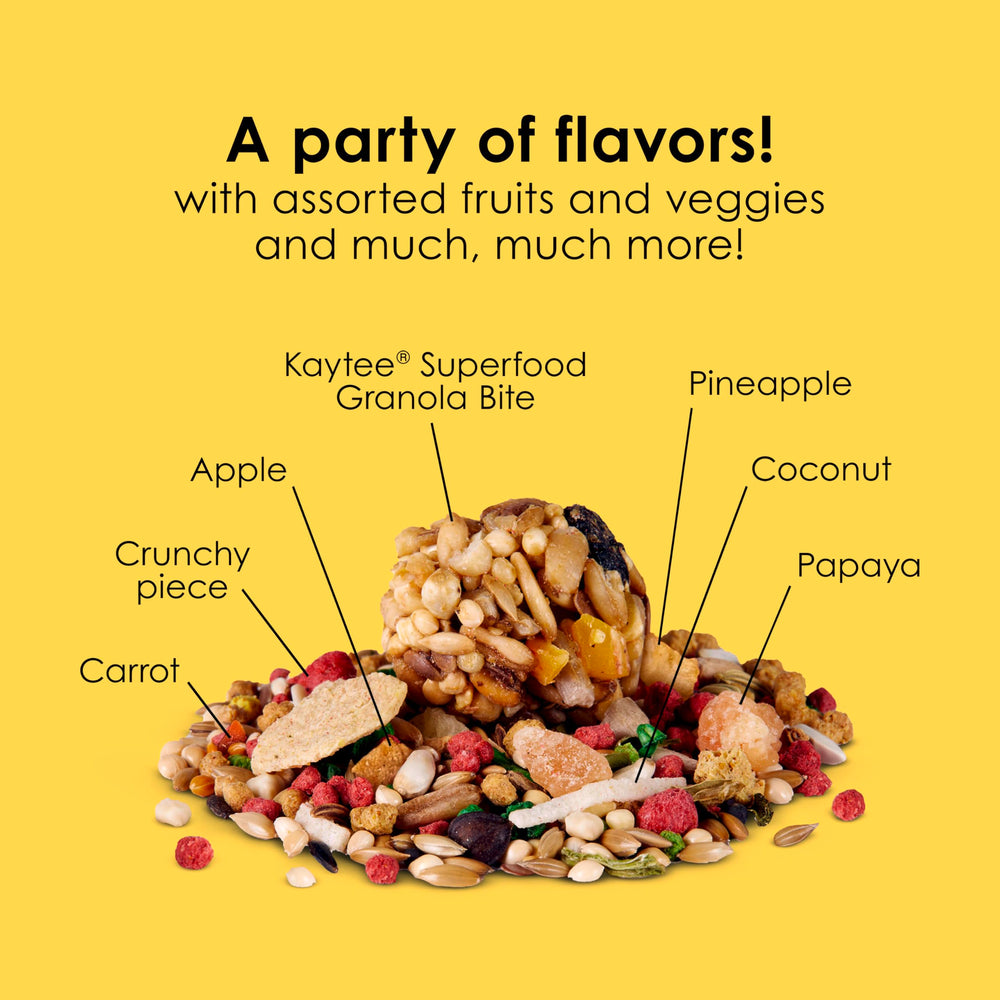 Kaytee Fiesta parakeet-food omega-3 and probiotics hint digestive and heart health support.