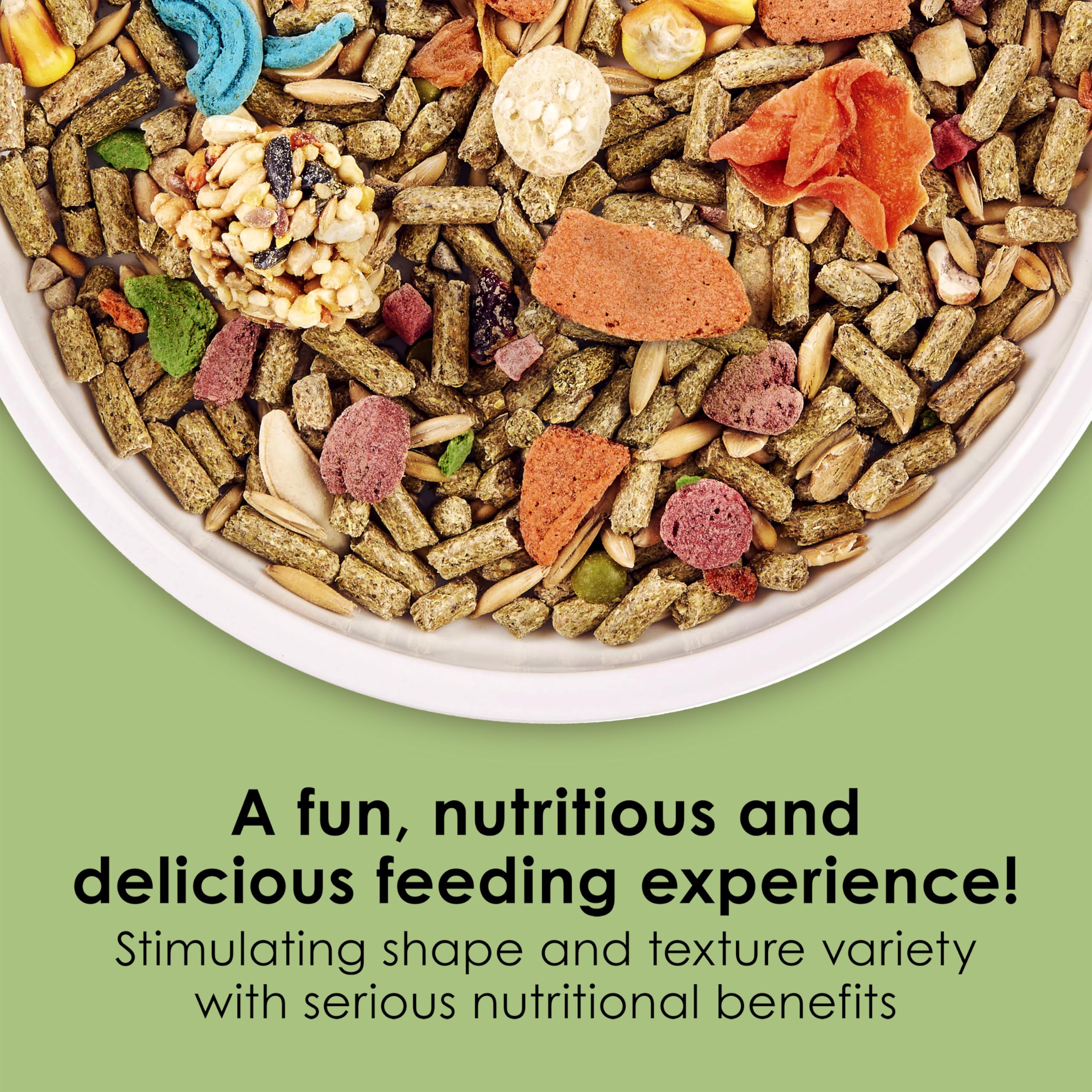 Kaytee Fiesta texture assortment highlights shapes to encourage chewing and dental health.