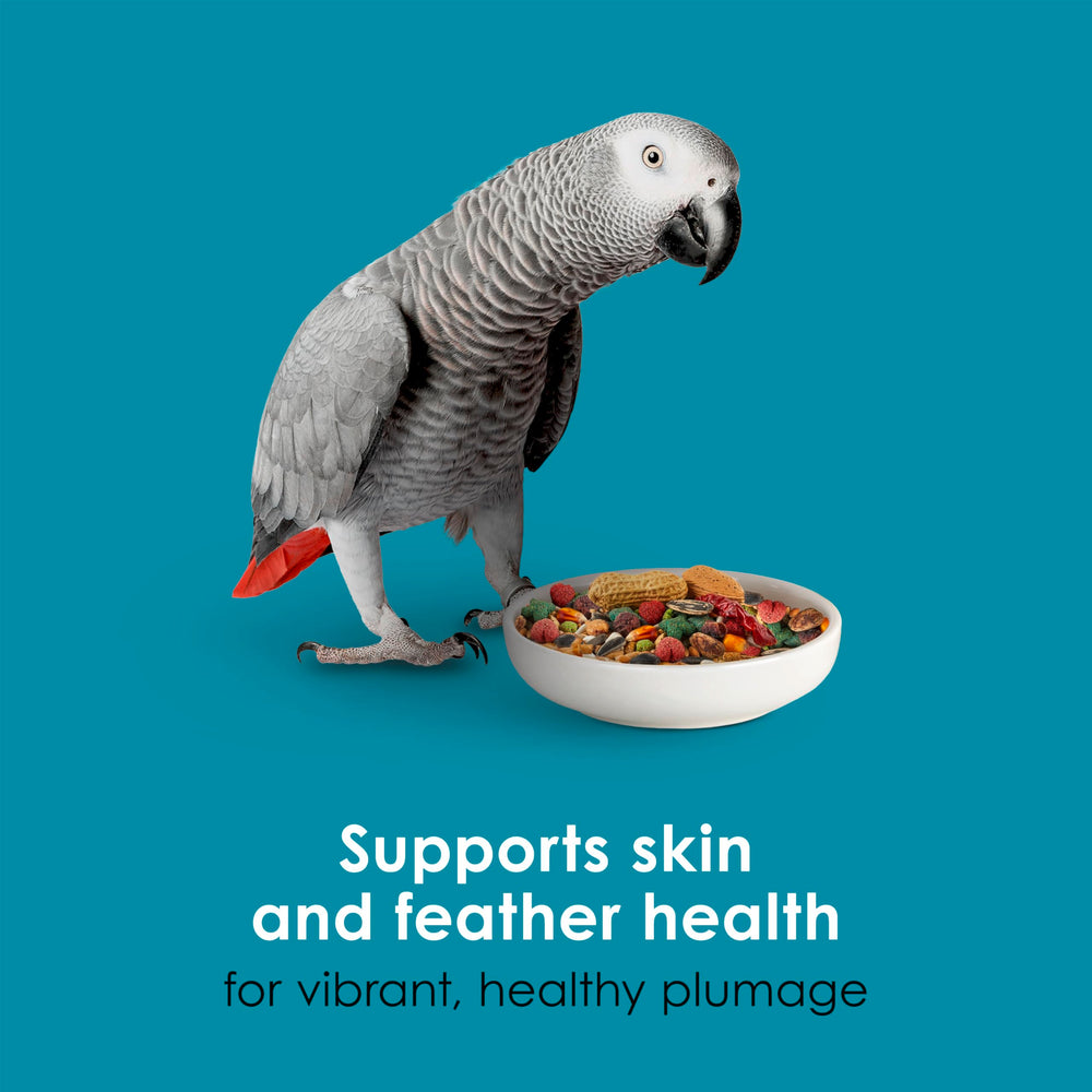 Kaytee Forti-Diet Pro Health parrot food bag shows 8-pound size.