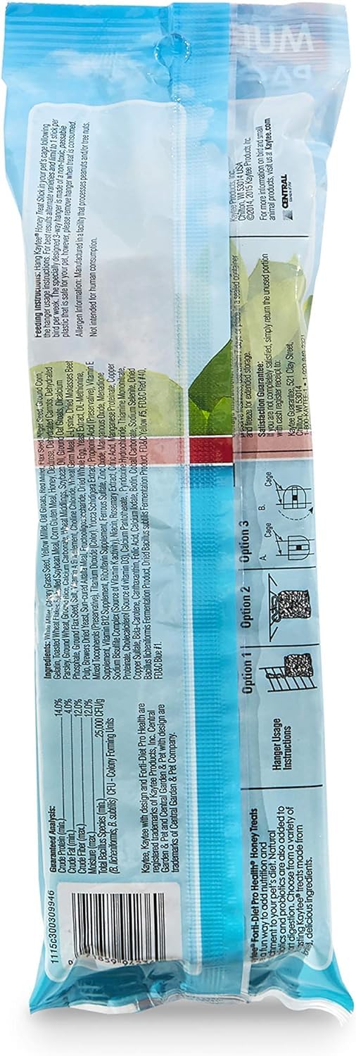 Kaytee Forti-Diet Pro Health Honey bird treat stick close-up, honey coating for taste appeal.