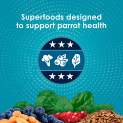 Kaytee Forti-Diet Pro Health parrot feeding scene emphasizes variety in meals.