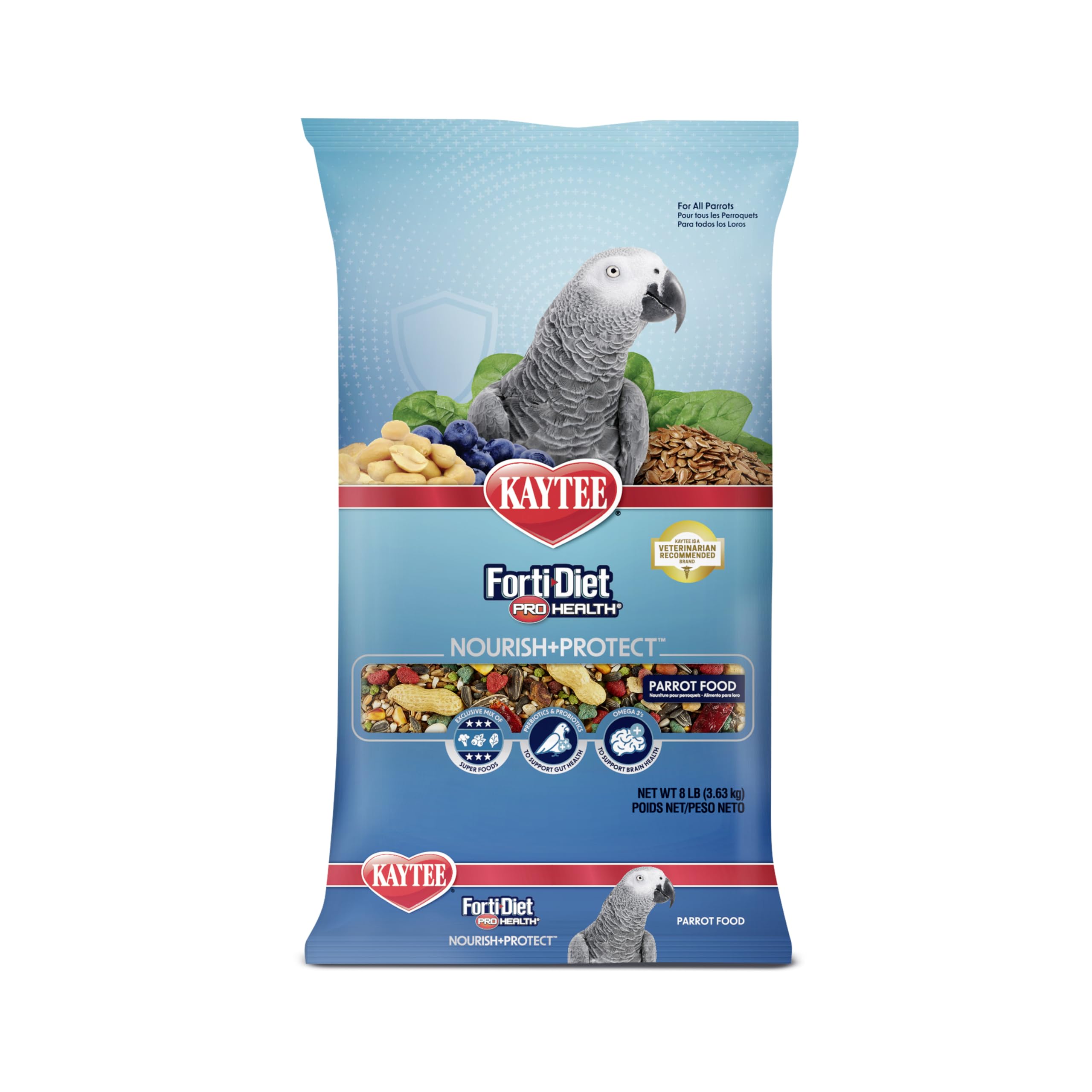 Kaytee Forti-Diet Pro Health parrot food bowl with colorful pellets supporting varied nutrition.