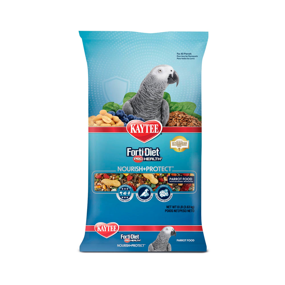 Kaytee Forti-Diet Pro Health parrot food bowl with colorful pellets supporting varied nutrition.