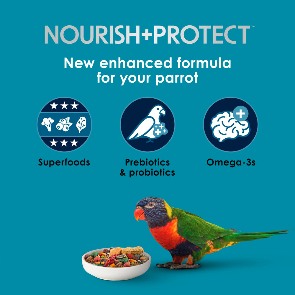Kaytee Forti-Diet Pro Health parrot food ingredients show fruits, nuts, and veggies.