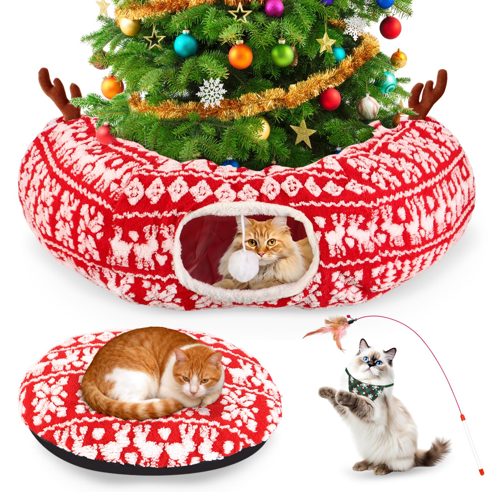 KBDHYY cat tunnel bed under Christmas tree 35-4inch circle offers cozy indoor retreat.