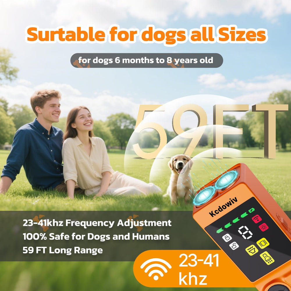 Kcdowiv bark deterrent shows 59 ft range for outdoor use.