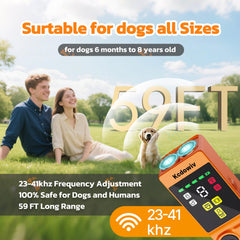 Kcdowiv bark deterrent shows 59 ft range for outdoor use.