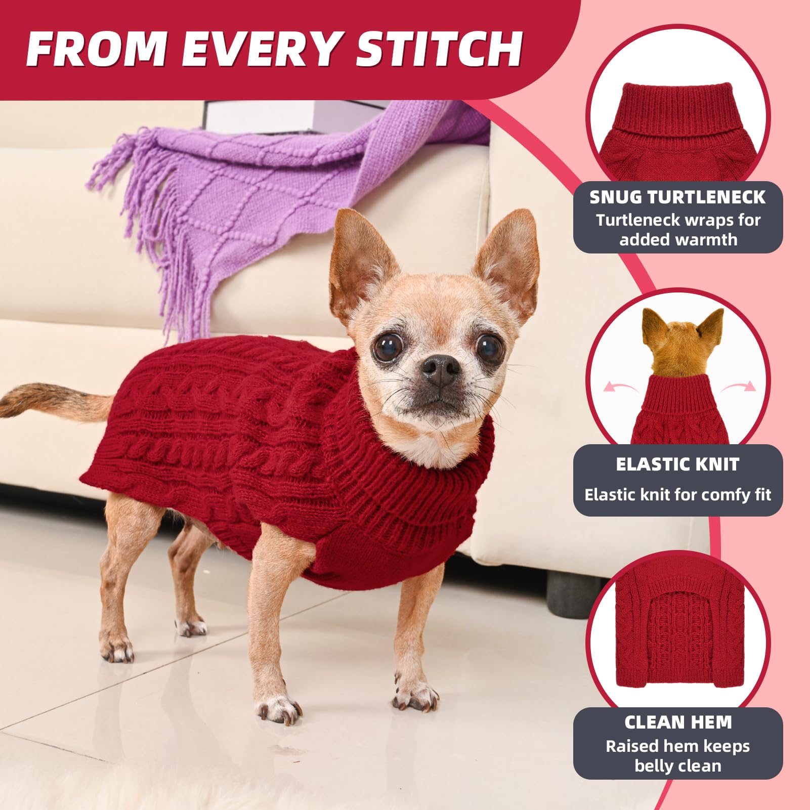 KCFESTIHUE dog sweater knit closeup reveals soft acrylic thread and cable pattern