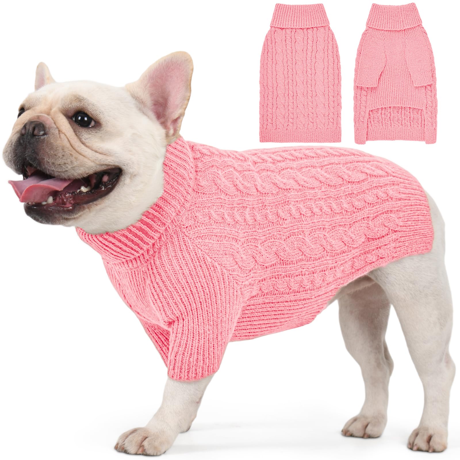KCFESTIHUE pink turtleneck dog sweater for medium dogs keeps warmth indoors.