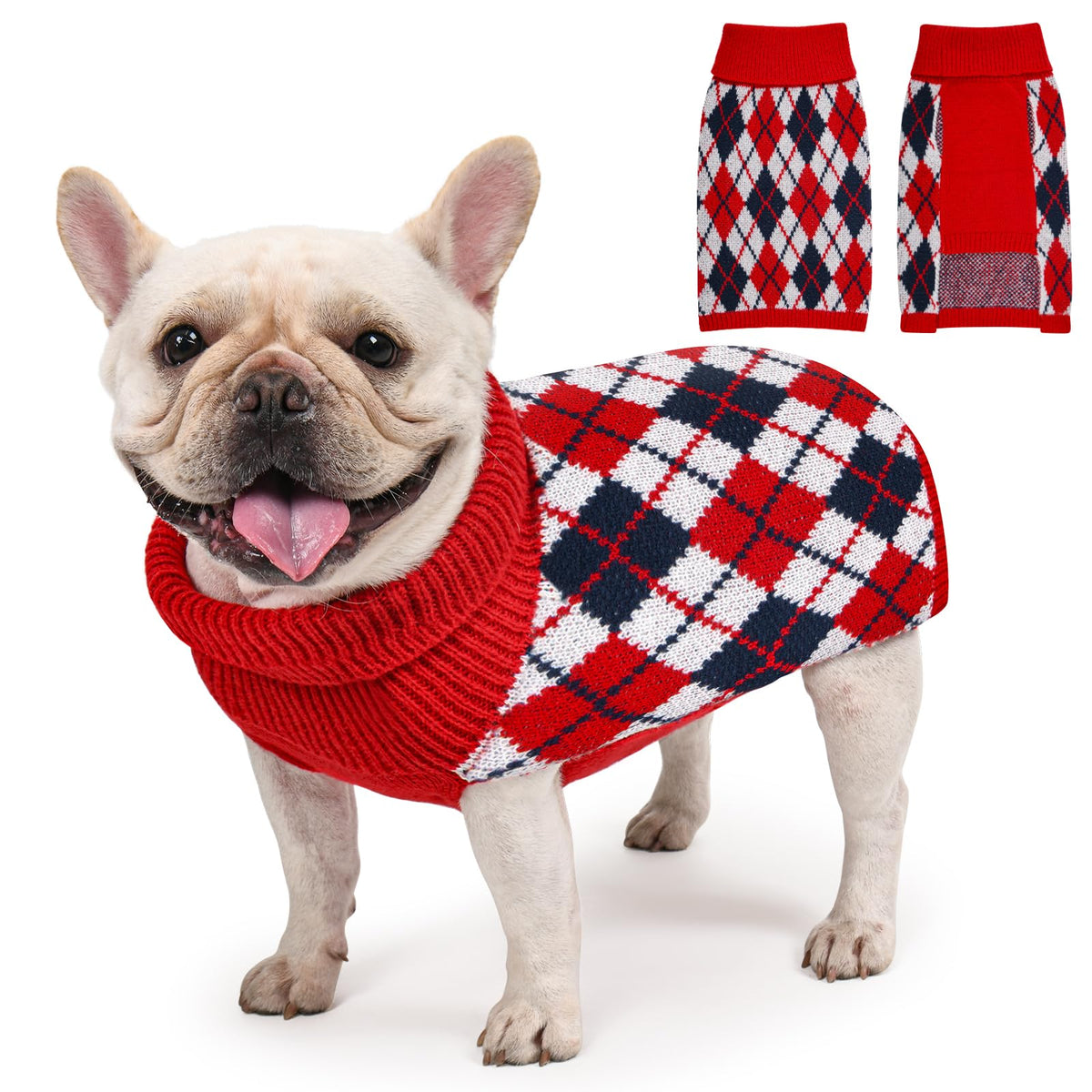 KCFESTIHUE dog sweater plaid knit front view shows cozy warmth for medium dogs.
