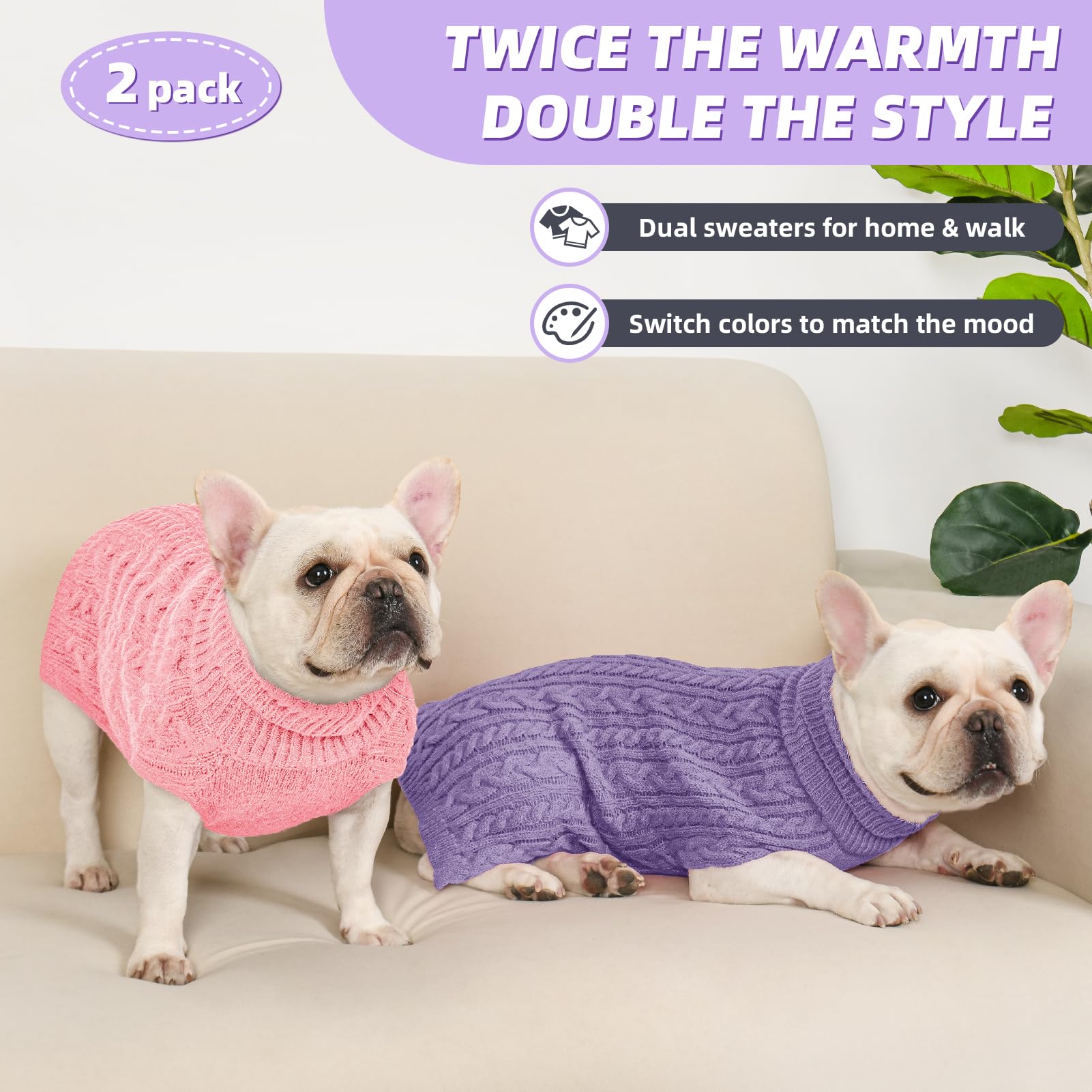 KCFESTIHUE purple front view dog sweater provides stylish warmth for daily wear