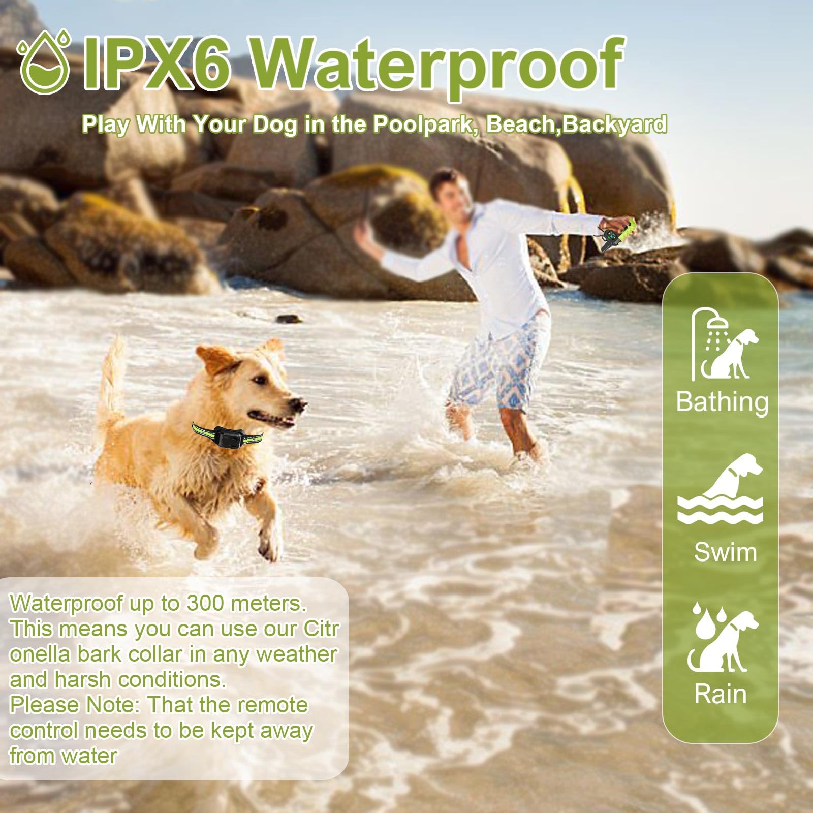 KDSZJDV IPX7 waterproof collar for rain and splashes.