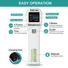 Kdvioo pet therapy device LED display showing adjustable power and timer.