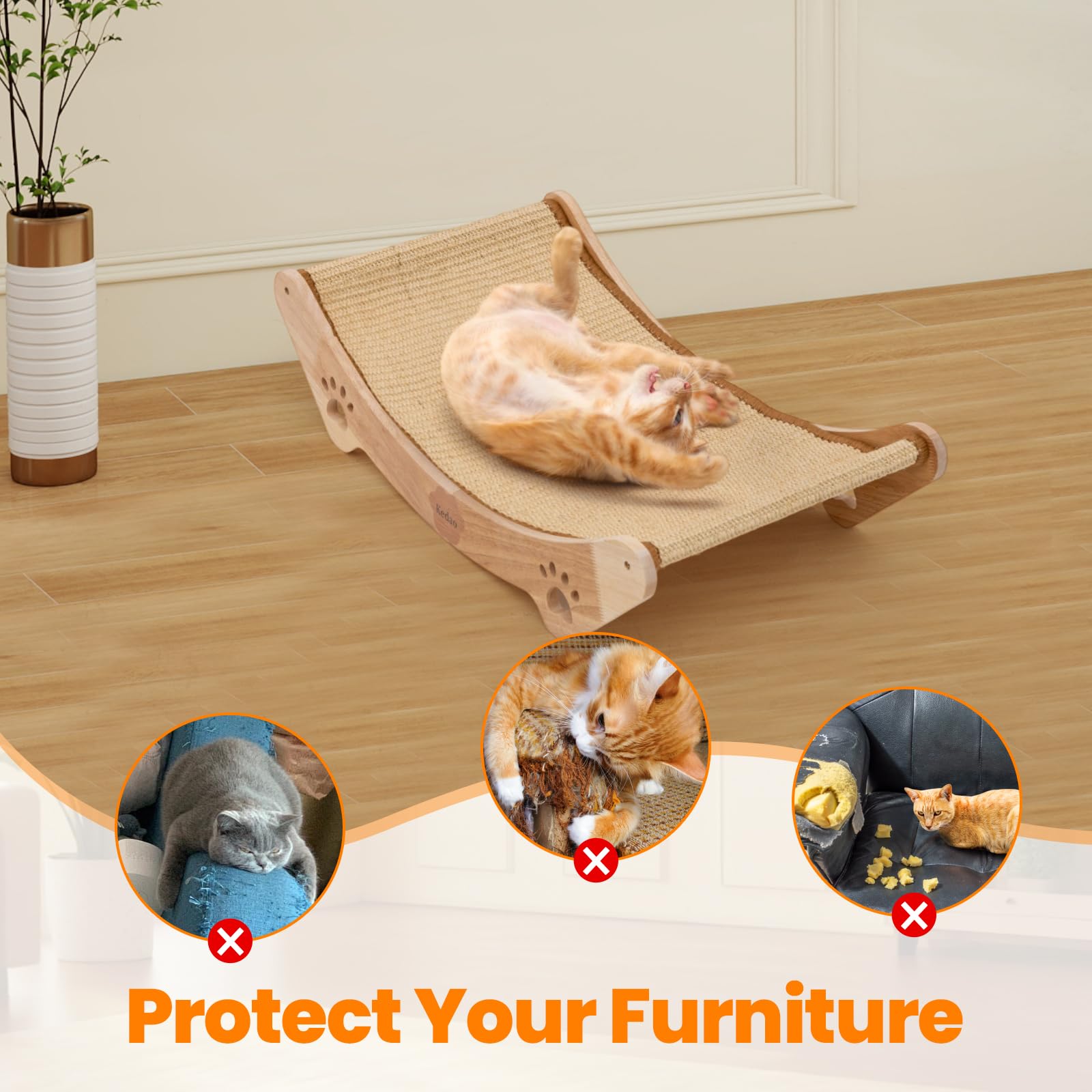KEDAO cat enjoys hammock and scratcher combo for relaxation and play.