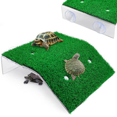 Keedolla lawn turtle basking platform shows acrylic base and green turf for easy basking.