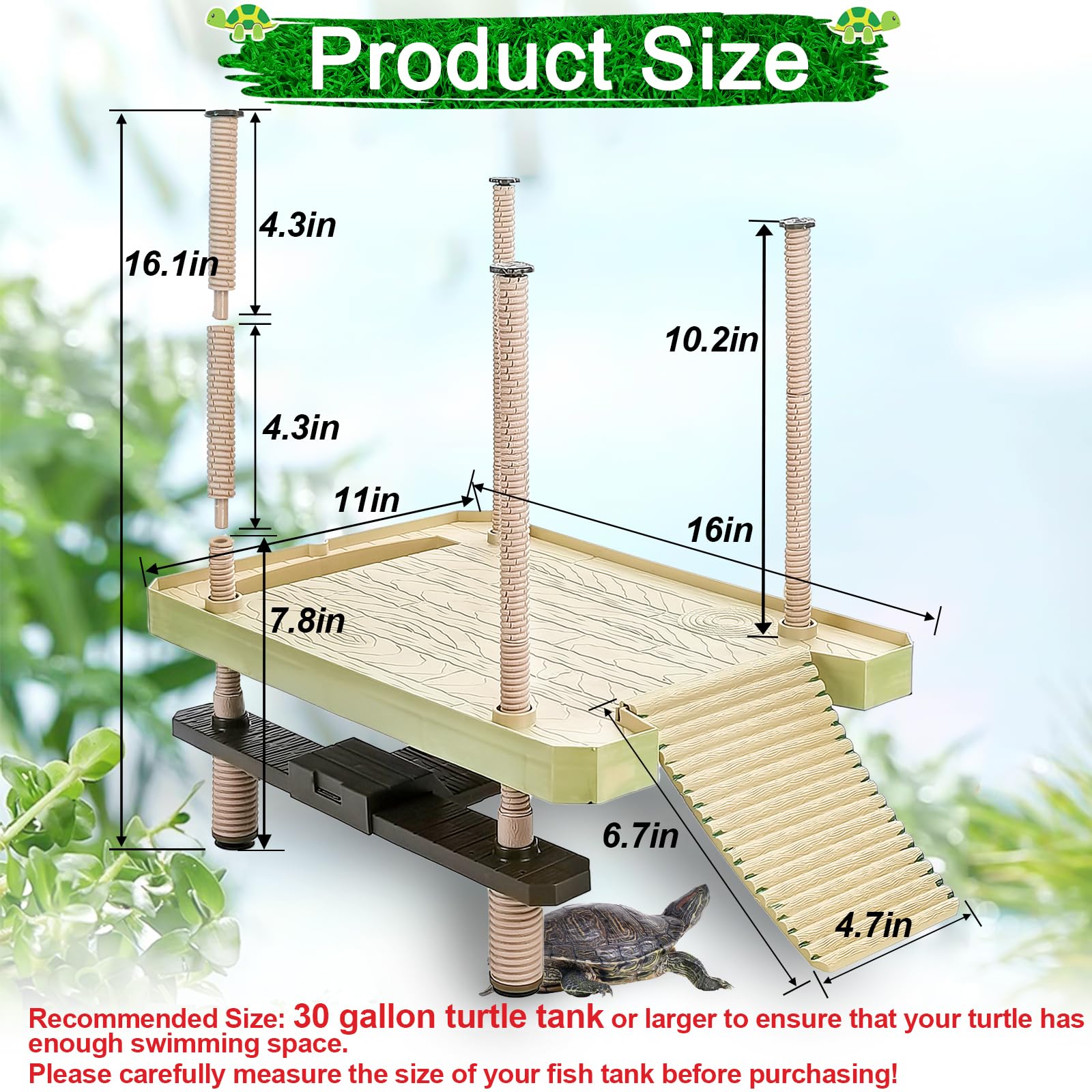 Keedolla turtle pier floating island demonstrates adjustable height for water level.